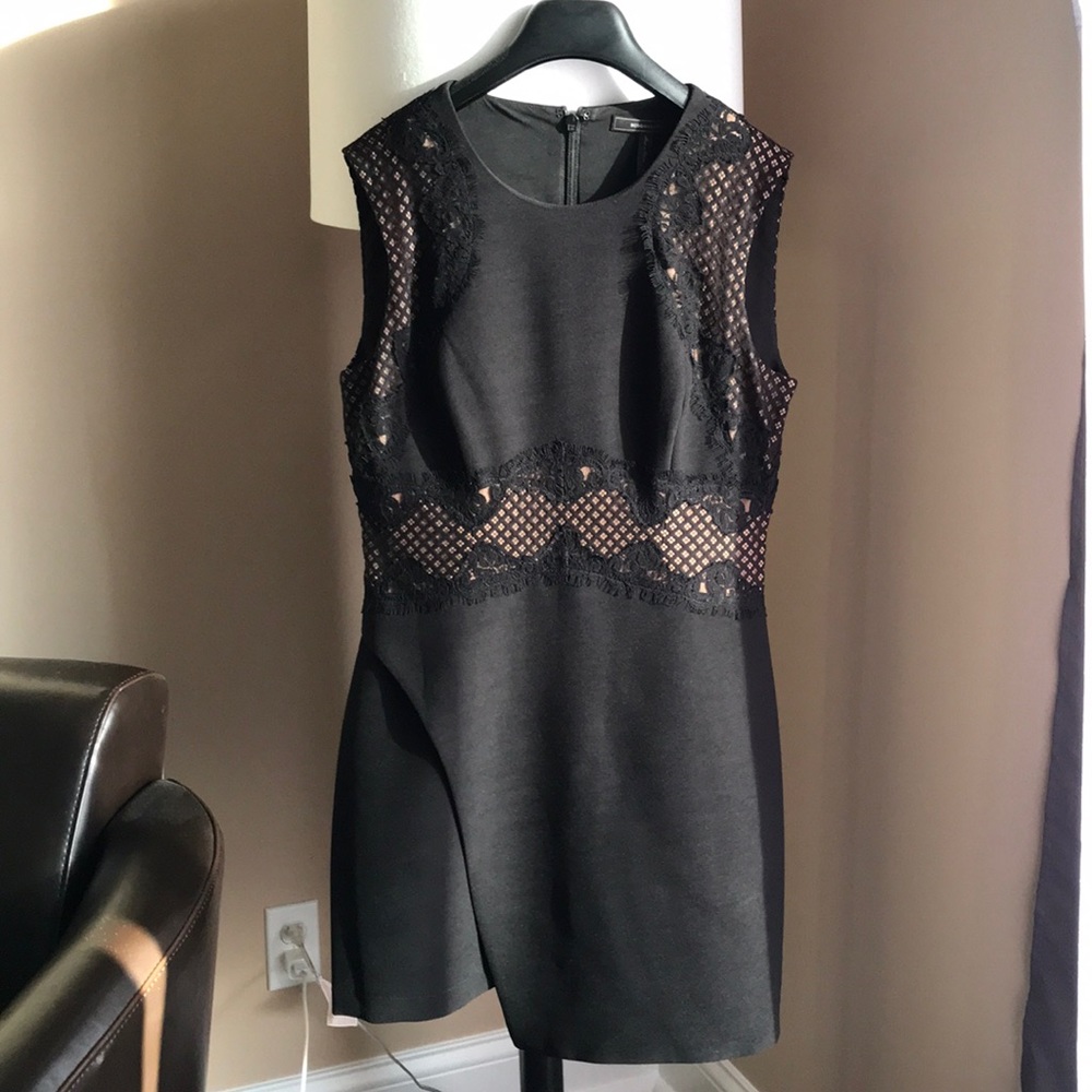BCBG MAXAZRIA Black Lace Asymmetrical Dress.